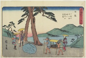 Pohled z dálky na horu Mugen a Noční plačící kámen v průsmyku Sayo Monatain, Nissaka, 1841-1842
