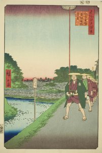 Vzdálený pohled na nádrž Akasaka ze svahu Kinokuni (Kinokunizaka Akasaka Tameike enkei), ze série „Sto slavných pohledů na Edo (Meisho Edo hyakkei)“ od Utagawa Hiroshige