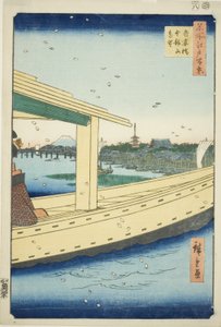 Distant View of Azuma Bridge and Kinryuzan Temple (Azumabashi Kinryuzan enbo), from the series "One Hundred Famous Views of Edo (Meisho Edo hyakkei)" od Utagawa Hiroshige