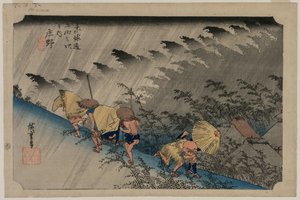 Driving Rain at Shono (stanice 46) ze série Padesát tři stanic Tokaida od Utagawa Hiroshige
