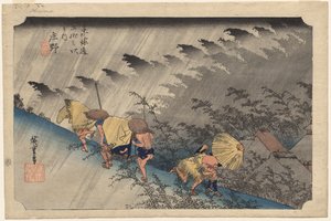 Driving Rain at Shono (stanice 46) ze série Padesát tři stanic Tokaida od Utagawa Hiroshige