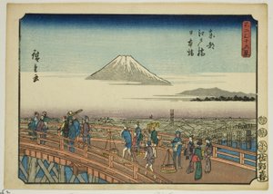 Most Edo a most Nihon ve východním hlavním městě (Toto Edobashi Nihonbashi), ze série „Třicet šest pohledů na horu Fuji (Fuji sanjurokkei)“ od Utagawa Hiroshige