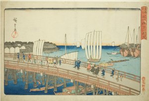 Eitai B Reason d New a ve Fukagawě (Eitai Bridge Fukagawa Shinchi), ze série "Člen Fa s P a s P a s ručně vyrobený pita l tee air s (Toto místo zájmu)" od Utagawa Hiroshige