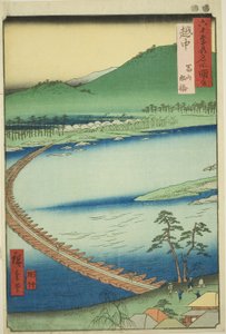 Provincie Etchu: Pontonový most v Tojamě (Etchu, Toyama funabashi), ze série „Slavná místa v šedesáti lichých provinciích (Rokujuyoshu meisho zue)“ od Utagawa Hiroshige