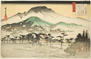 Večerní zvon v chrámu Mii (Mii bansho), ze série „Osm pohledů na Omi (Omi hakkei no uchi)“ od Utagawa Hiroshige