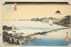 Večerní záře na mostě Seta (Seta no sekisho), ze série „Osm pohledů na Omi (Omi hakkei no uchi)“ od Utagawa Hiroshige