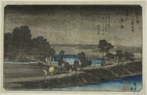 Večerní déšť ve svatyni Azuma (Azuma no mori yau), ze série „Osm pohledů v okolí Edo (Edo Kinko hakkei no uchi)“ od Utagawa Hiroshige