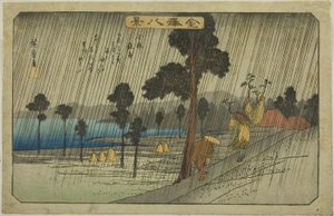 Večerní déšť v Koizumi (Koizumi yau), ze série „Osm pohledů na Kanazawa (Kanazawa hakkei)“ od Utagawa Hiroshige