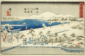 Večerní sníh v Mimeguri, Osm pohledů na řeku Sumida (Sumidagawa hakkei, Mimeguri bosetsu), ze série „Slavná místa ve východním hlavním městě (Toto meisho no uchi)“ od Utagawa Hiroshige