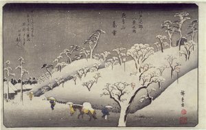 Večerní sníh na hoře Asuka, z osmi pohledů na okolí Edo, kolem roku 1838 (barevný tisk ze dřeva) od Utagawa Hiroshige