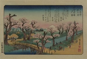 Večerní záře na mostě Koganei. Ze série Osm pohledů v okolí Eda, 1838. od Utagawa Hiroshige