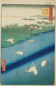 Přívoz v Sakasai (Sakasai no watashi), č. 67 ze série "Sto slavných pohledů na Edo (Meisho Edo hyakkei)". od Utagawa Hiroshige