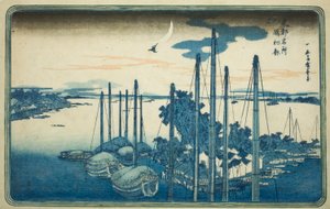 První kukačka roku na ostrově Tsukuda (Tsukudajima, hatsu hototogisu), ze série „Slavné pohledy na východní hlavní město (Toto Meisho)“ od Utagawa Hiroshige