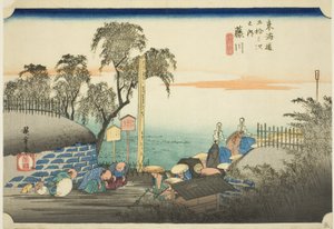 Fujikawa: Pohled na předměstí pošty (Fujikawa, bohana no zu), ze série "Padesát tři stanic Tokaida (Tokaido gojusan tsugi no uchi)", také známé jako Hoeido Tokaido od Utagawa Hiroshige