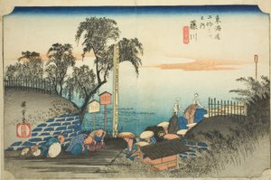 Fujikawa: Pohled na předměstí pošty (Fujikawa, bohana no zu), ze série "Padesát tři stanic Tokaida (Tokaido gojusan tsugi no uchi)", také známé jako Hoeido Tokaido od Utagawa Hiroshige