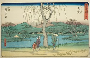 Goyu: Motono Plain podél staré cesty (Kokaido Motonogahara) – č. 36, ze série „Padesát tři stanic Tokaida (Tokaido gojusan tsugi)“, známé také jako Reisho Tokaido od Utagawa Hiroshige