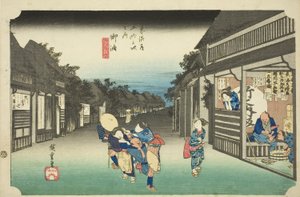 Goyu: Women Stoping Travelers (Goyu, tabibito tomeru onna), ze série "Padesát tři stanic Tokaida (Tokaido gojusan tsugi no uchi)", také známé jako Hoeido Tokaido od Utagawa Hiroshige