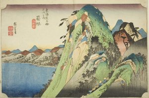 Hakone: Pohled na jezero (Hakone, kosui no zu), ze série "Padesát tři zastávek na Tokaidské silnici (Tokaido gojusan tsugi no uchi)", také známé jako Hoeido Tokaido od Utagawa Hiroshige