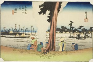 Hamamatsu: Zimní scéna (Hamamatsu, fuyugare no zu), ze série "Padesát tři stanic Tokaida (Tokaido gojusan tsugi no uchi)", také známé jako Hoeido Tokaido od Utagawa Hiroshige