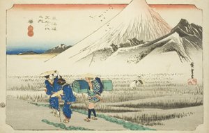 Hara: Hora Fudži v dopoledních hodinách (Hara, asa no Fuji), ze série „Padesát tři stanic tokaidské silnice (Tokaido gojusan tsugi no uchi)“, také známé jako Hoeido Tokaido od Utagawa Hiroshige