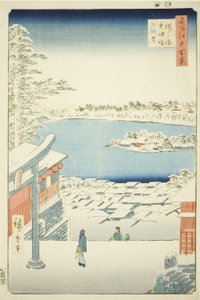 Pull l and p View w z Yushima Tenjin Sh Line (Yushima Tenjin Sakaue Tembo), ze série „Hřeben pro hřebeny pohledy na Edo (Sto slavných pohledů na Edo)“ od Utagawa Hiroshige