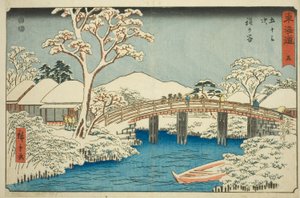 Hodogaya: Řeka Katabira a most Katabira (Hodogaya, Katabiragawa Katabirabashi) – č. 5, ze série „Padesát tři stanic Tokaida (Tokaido gojusan tsugi), známé také jako Reisho Tokaido od Utagawa Hiroshige