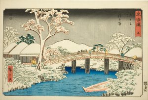 Hodogaya: Řeka Katabira a most Katabira (Hodogaya, Katabiragawa Katabirabashi) – č. 5, ze série „Padesát tři stanic Tokaida (Tokaido gojusan tsugi), známé také jako Reisho Tokaido od Utagawa Hiroshige