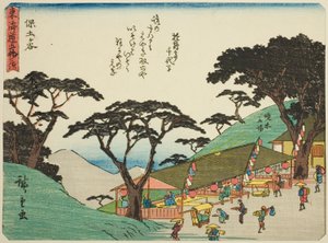 Hodogaya, ze série "Padesát tři stanic Tokaida (Tokaido gojusan tsugi)," také známé jako Tokaido s básní (Kyoka iri Tokaido) od Utagawa Hiroshige