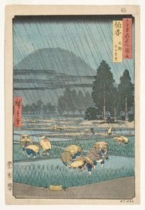 Provincie Hoki, Ono, vzdálený pohled na Mount Daisen, 1853 (dřevěný blok)
