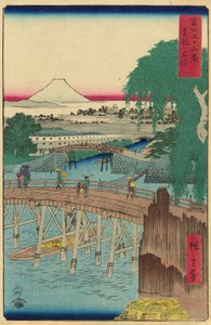 Most Ichikoku ve východním hlavním městě (Toto Ichikokubashi), ze série „Třicet šest pohledů na horu Fuji (Fuji sanjurokkei)“ od Utagawa Hiroshige