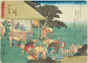 Ishiyakushi: The Post House (Ishiyakushi, toiyaba no zu), ze série "Padesát tři stanic Tokaida (Tokaido gojusan tsugi)", také známé jako Tokaido s básní (Kyoka iri Tokaido) od Utagawa Hiroshige