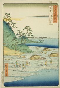 Provincie Iwami: Solné pláže poblíž kopce Takatsu (Iwami, shiohama Takatsuyama), ze série „Slavná místa v šedesáti lichých provinciích (Rokujuyoshu meisho zue)“ od Utagawa Hiroshige