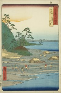 Provincie Iwami: Solné pláže poblíž kopce Takatsu (Iwami, shiohama Takatsuyama), ze série „Slavná místa v šedesáti lichých provinciích (Rokujuyoshu meisho zue)“ od Utagawa Hiroshige