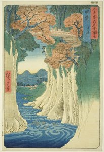 Provincie Kai: Opičí most (Kai, Saruhashi), ze série "Slavná místa v šedesáti lichých provinciích (Rokujuyoshu meisho zue)" od Utagawa Hiroshige