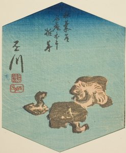 Kakegawa, část listu č. 7 ze série "Vystřižené obrázky Tokaidské silnice (Tokaido harimaze zue)" od Utagawa Hiroshige