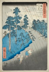 Kameyama: Vítr, déšť a hrom (Kameyama, fuu raimei), ne. 47 ze série „Slavné památky padesáti tří stanic (Gojusan tsugi meisho zue)“, známé také jako Vertikální Tokaidó od Utagawa Hiroshige