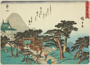Kameyama, ze série "Padesát tři stanic Tokaida (Tokaido gojusan tsugi)," také známé jako Tokaido s básní (Kyoka iri Tokaido) od Utagawa Hiroshige