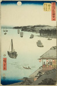 Kanagawa: Pohled na moře z čajoven na kopci (Kanagawa, dai no chaya kaijo miharashi), ne. 4 ze série „Slavné památky padesáti tří stanic (Gojusan tsugi meisho zue)“, známé také jako Vertikální Tokaidó od Utagawa Hiroshige