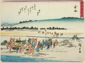 Kanaya, ze série "Padesát tři stanic Tokaida (Tokaido gojusan tsugi)," také známé jako Tokaido s básní (Kyoka iri Tokaido) od Utagawa Hiroshige