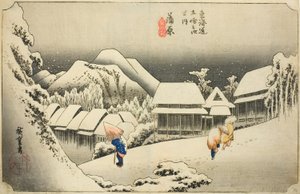 Kanbara: Večerní sníh (Kanbara, yoru no yuki), ze série "Padesát tři stanic Tokaida (Tokaido gojusan tsugi no uchi)", také známý jako Hoeido Tokaido od Utagawa Hiroshige