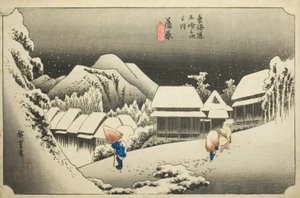 Kanbara: Večerní sníh (Kanbara, yoru no yuki), ze série "Padesát tři stanic Tokaida (Tokaido gojusan tsugi no uchi)", také známý jako Hoeido Tokaido od Utagawa Hiroshige