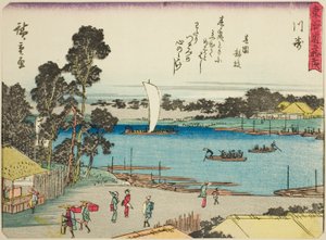 Kawasaki, from the series "Fifty-three Stations of the Tokaido (Tokaido gojusan tsugi)," also known as the Tokaido with Poem (Kyoka iri Tokaido) od Utagawa Hiroshige