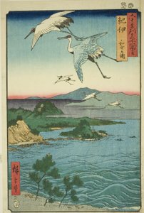 Provincie Kii: Wakanoura Bay (Kii, Wakanoura), ze série „Slavná místa v šedesáti lichých provinciích (Rokujuyoshu meisho zue)“ od Utagawa Hiroshige