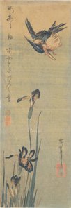 Ledňáček říční letící nad Iris od Utagawa Hiroshige