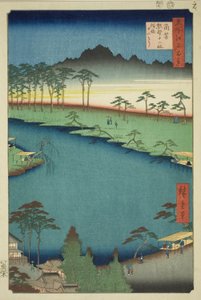Svatyně Kumano Junisha v Tsunohazu, známá jako Juniso (Tsunohazu Kumano Junisha, zokusho Juniso), ze série „Sto slavných pohledů na Edo (Meisho Edo hyakkei)“ od Utagawa Hiroshige