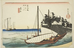Kuwana: The Landing of Shichiri Ferry Crossing (Kuwana, Shichiri watashiguchi), ze série "Padesát tři stanic Tokaida (Tokaido gojusan tsugi no uchi)", také známé jako Hoeido Tokaido od Utagawa Hiroshige