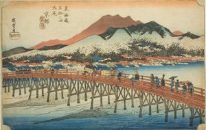 Kjóto: Velký most v Sanjo (Keishi, Sanjo ohashi), ze série "Padesát tři stanic Tokaida (Tokaido gojusan tsugi no uchi)", také známý jako Hoeido Tokaido od Utagawa Hiroshige