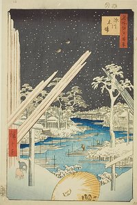 Dřevosklady ve Fukagawě (Fukagawa kiba), s tmavou oblohou, č. 106 ze série "Sto slavných pohledů na Edo (Meisho Edo hyakkei)". od Utagawa Hiroshige