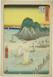 Maisaka: Trajekty křižující moře v Imagiri (Maisaka, Imagiri kaijo funewatashi), ne. 31 ze série „Slavné památky padesáti tří stanic (Gojusan tsugi meisho zue)“, známé také jako Vertikální Tokaidó od Utagawa Hiroshige
