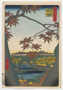 Maple Trees at Mama, Tekona Shrine and Linked Bridge, Edo period, 1857 (barevný dřevotisk)